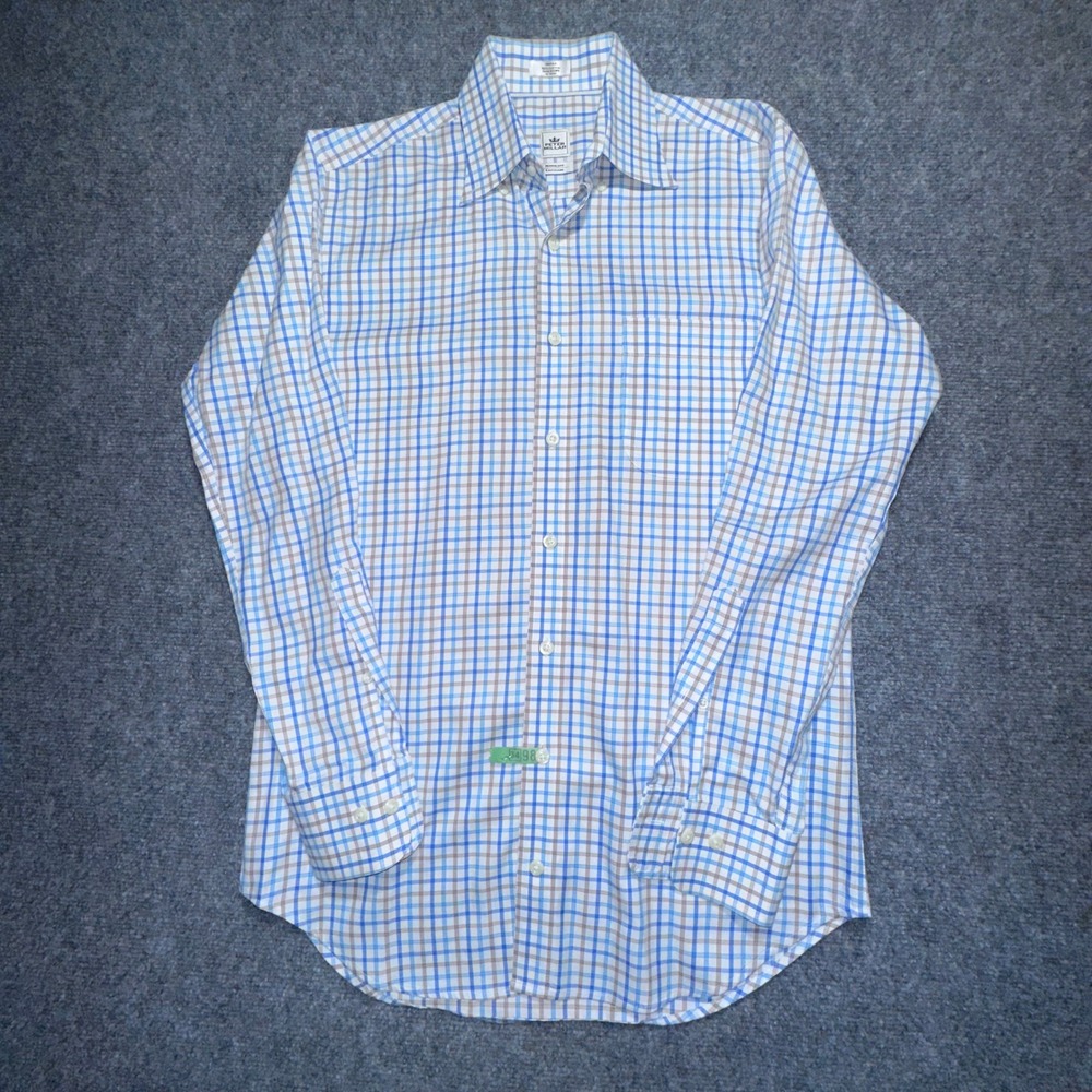 Peter Millar Nanoluxe Easycare‎ Shirt Men's Small Blue Tan Check Plaid Cotton